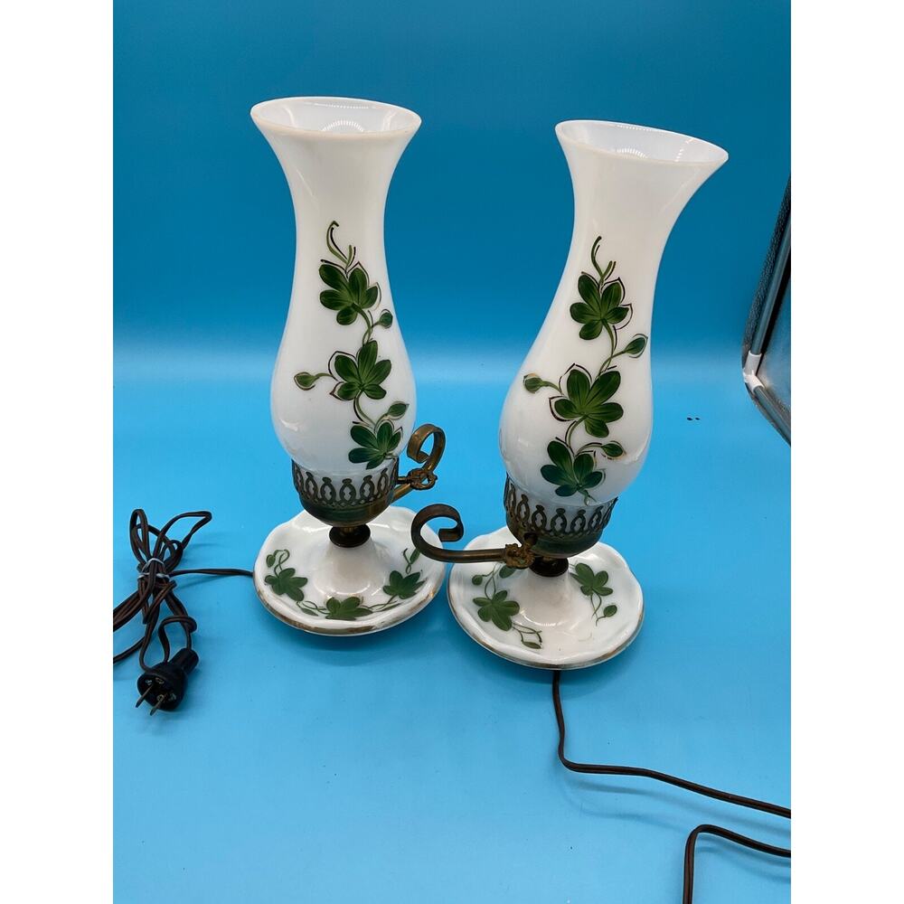 Pair Vintage Hand-Painted Glass Lamps 14" Shamrock Clover TESTED WORKS
